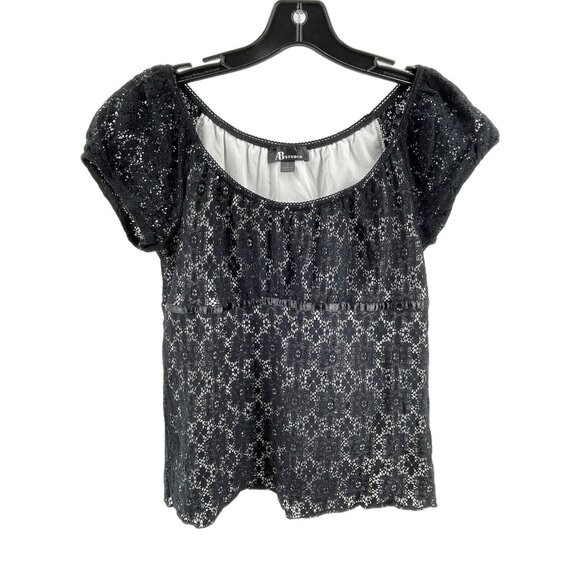 AB Studio Women's Black White Lace Top Shirt Size Small Casual Fun Short Sleeves - Picture 2 of 10